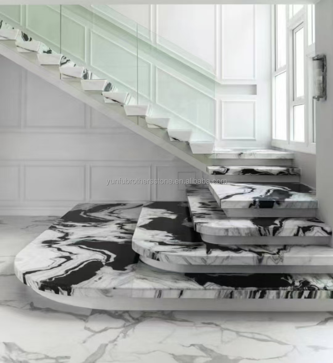 Custom Luxury Panda White Marble Stairs Natural Stone for Straight Staircase Design