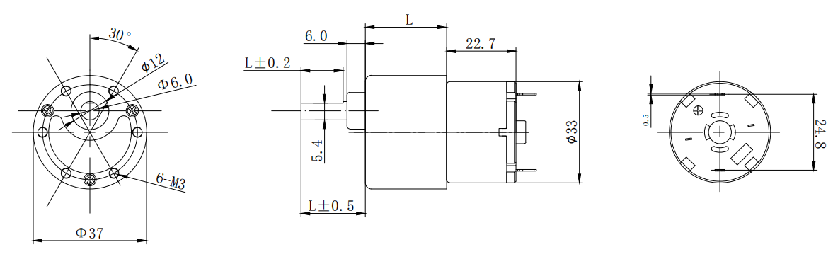 37mm 520 Electric Motors with Gear Reduction Dimension