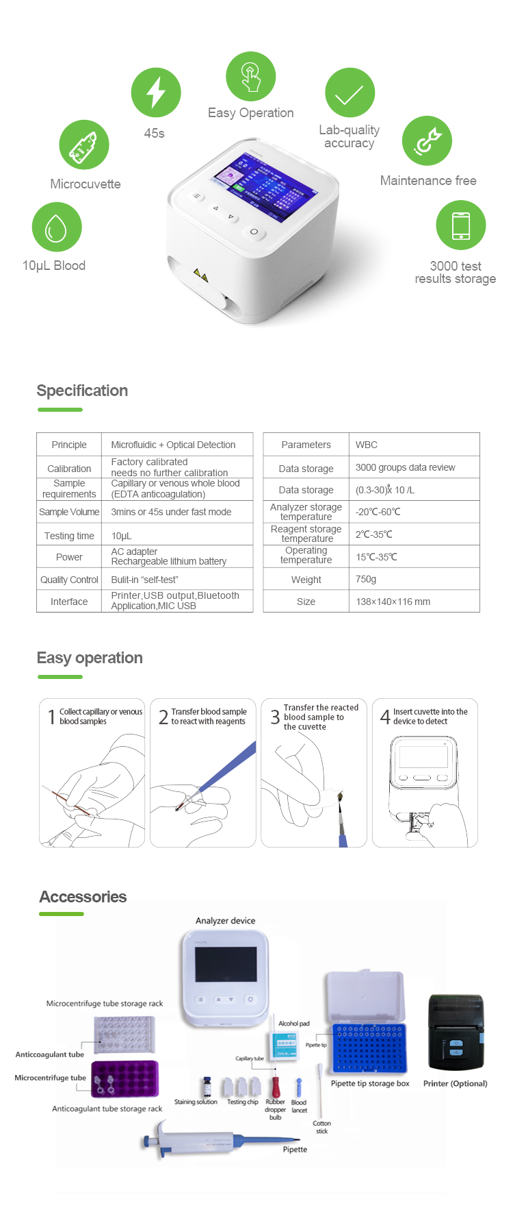 POCT device (WBC-6) Colorful screen hematology WBC Analyzer with microfluidics chips