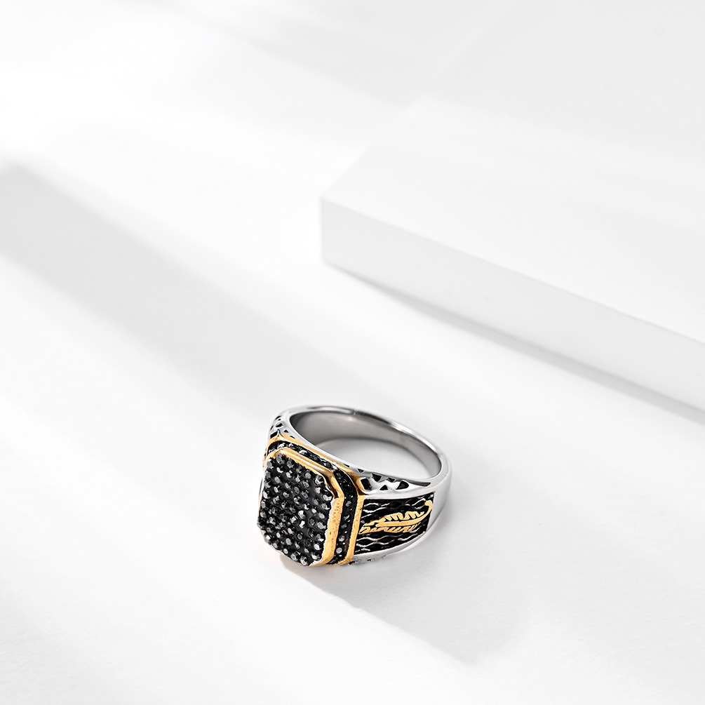 Black 18k Gold Plated Mens Ring Jewelry Gemstone Stainless Steel Men Rings Custom