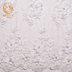 China Beautiful 3D White Floral Lace Fabric Beaded Polyester Water Soluble wholesale