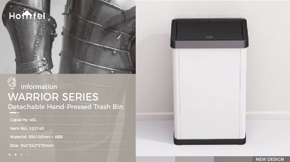 High Capacity Stainless Steel Trash Can 34.2*24.2*57cm Warrior Series 40L with Detachable Hand Press and Rolling Cover