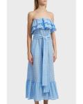 Women Blue Cotton Off Shoulder Floral Embroidery Ruffle Dress Women