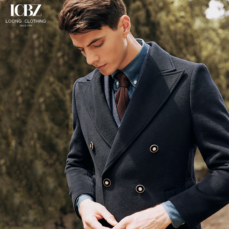 Navy Blue Men's Long Wool Windbreaker Jacket Coat for Business Slim and Handsome Look