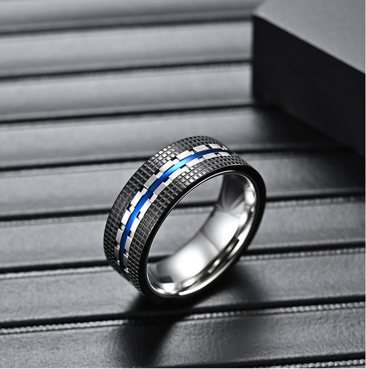 Face Width 8MM Stainless Steel Men's Ring Blue And Rose Gold Fashion Jewelry Ring