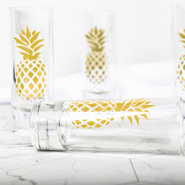 Wholesale Factory Price 60ml Transparent Shot Glass With Decal Gold Pineapple