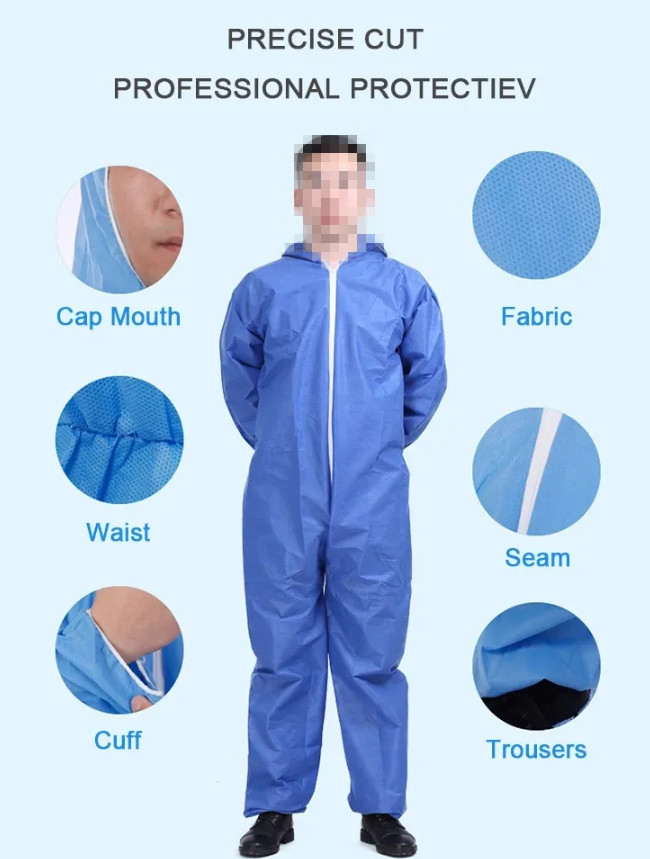 Blue S-2XL Safety Disposable Protective Coverall Clothing SMS Medical Coverall Suit