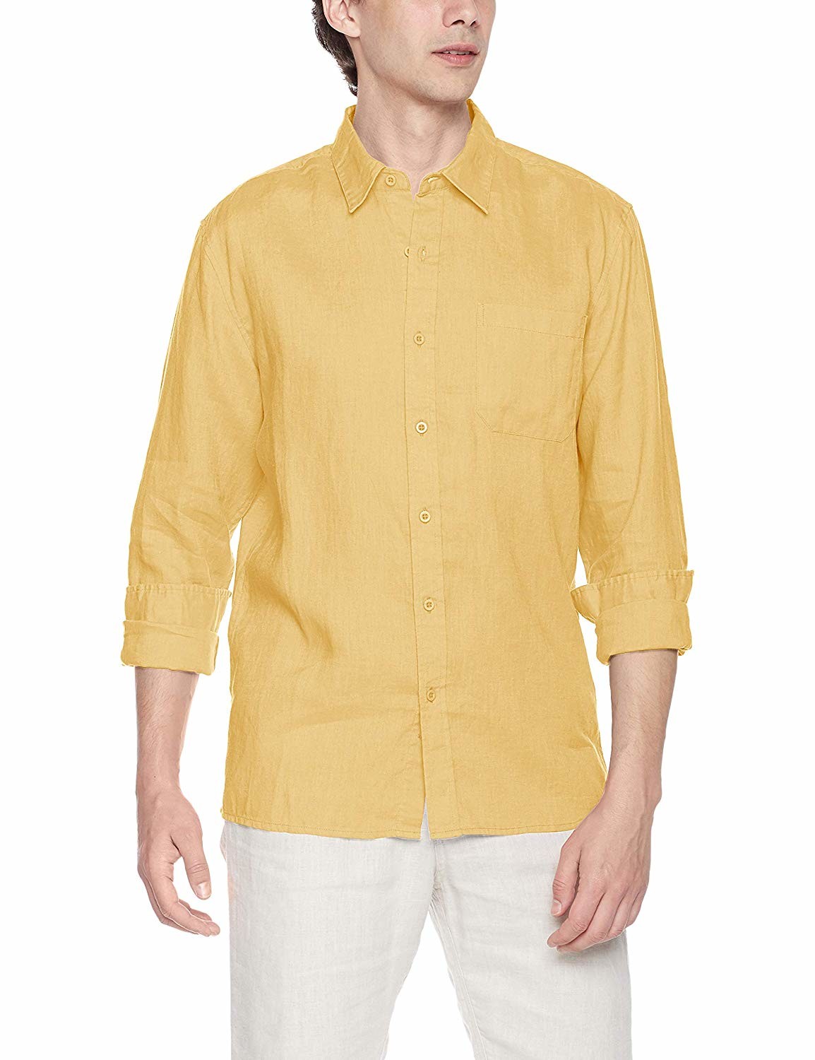 Men'S Collared Yellow Plain Linen Shirt Lightweight Long Sleeve Shirts For Summer
