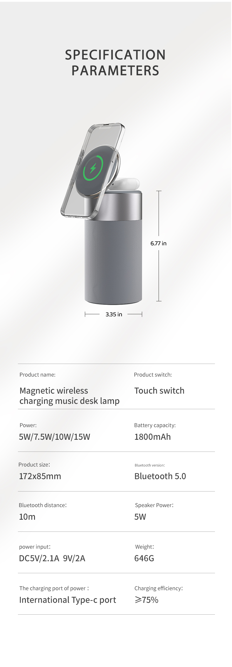 15W Maximum Output Power Grey Wireless Charger Adapter for Fast Charging Mobile Phones