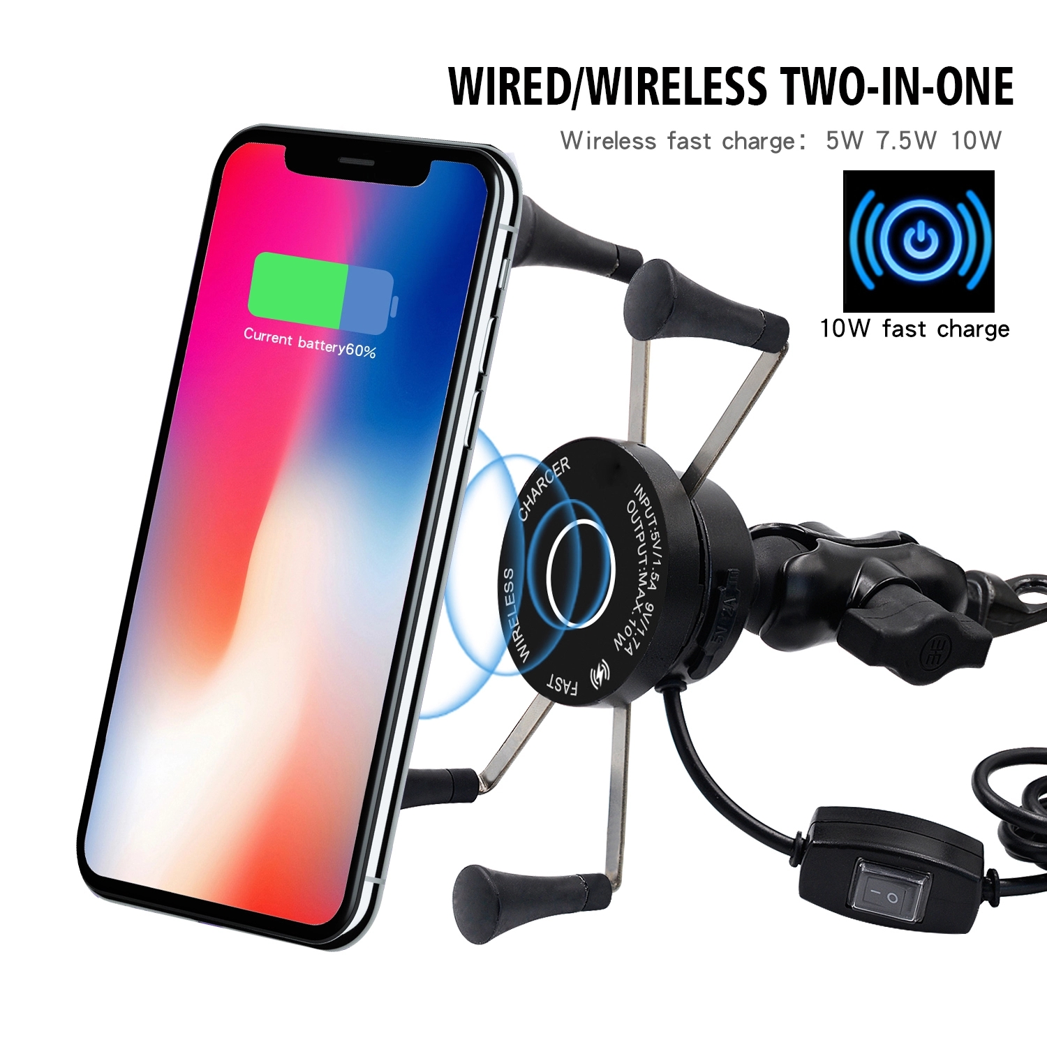 7.5W 2A X Claw Motorcycle Phone Mount With 3 In 1 Wireless Charger
