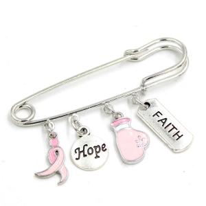 China Wholesale New Arrival Breast Cancer Pink Ribbon Brooch Pins Hope Faith Fighting Glove Pink Ribbon Charms Safety Pin wholesale