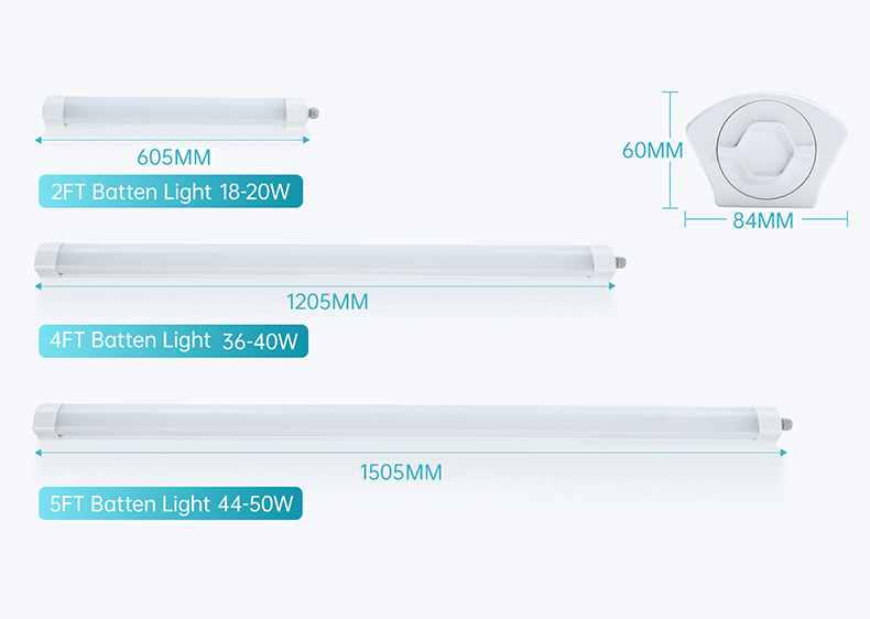 This image presents the appearance and dimensions of the COMLED K-Series LED linear light fixture in three standard models: 2FT, 4FT,and 5FT.