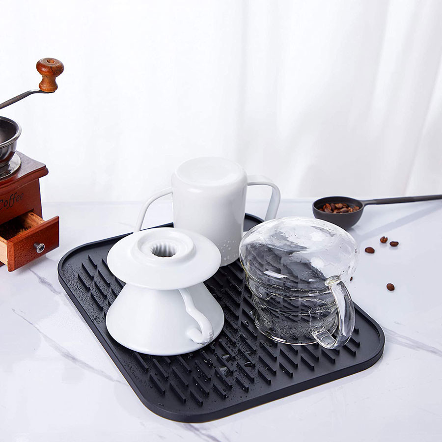 Heat Resistant Drainer Silicone Dish Drying Mat For Pour Over Coffee Maker Black