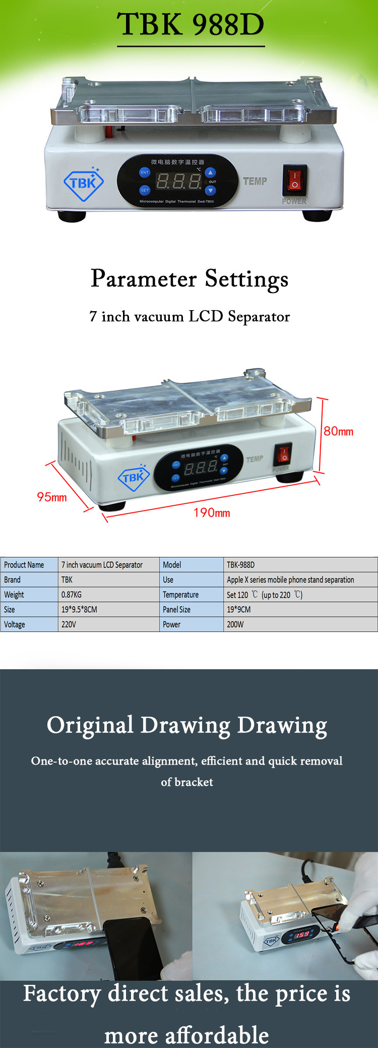 TBK-988D lcd frame heating separate machine for iPhone XR/XS MAX/XS/X without mold Frame removing machine phone repair u