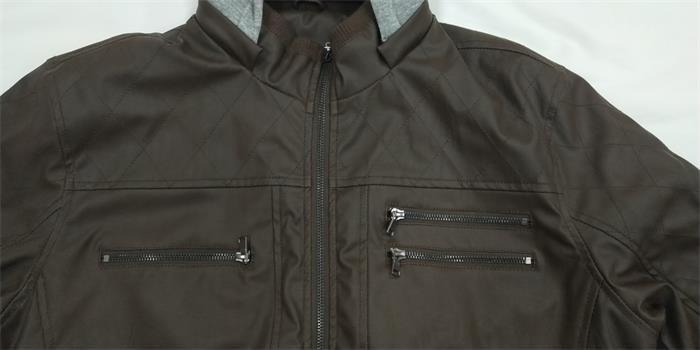 Quilted Padded Leather Motorcycle Jacket Black Brown Hooded Collar