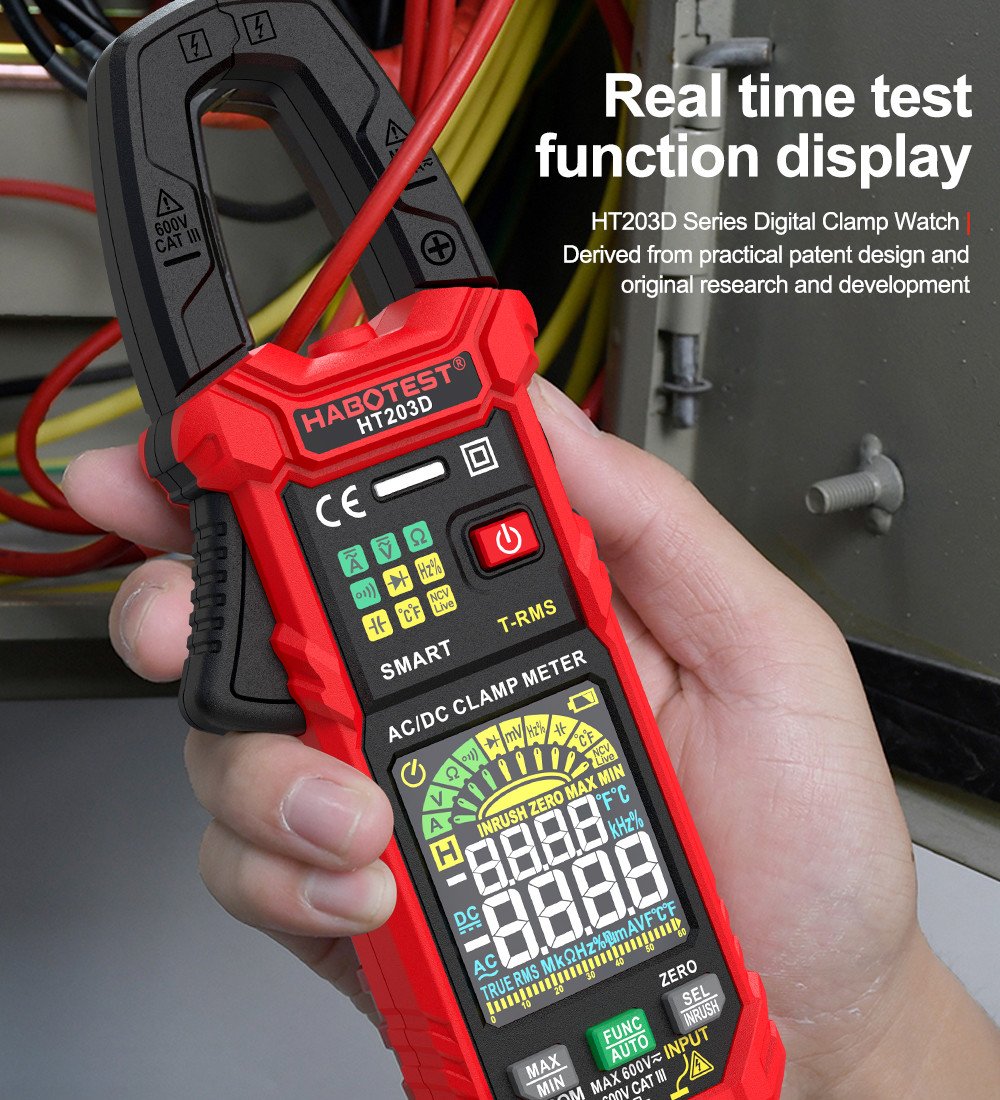 HT203D Digital Clamp Meter Multimeter AC Current And AC/DC Voltage Tester With Amp Ohm Continuity Hz Tester Voltmer