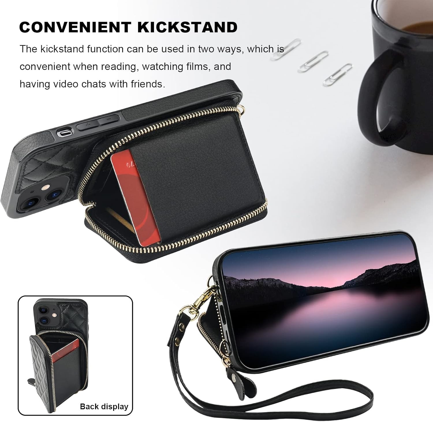 iPhone 12/12 Pro crossbody bag, RFID shielded PU leather strap bracket with card slot Split bag wrist strap lanyard