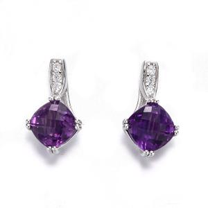 China 2.18g Sterling Silver Gemstone Stud Earrings Cushion White Gold Amethyst Earrings wholesale