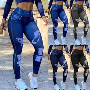 China Yoga Tights Leggings Jean Yoga Pants High Waist Faux Denim Stretch Pencil Bottoming Casual wholesale