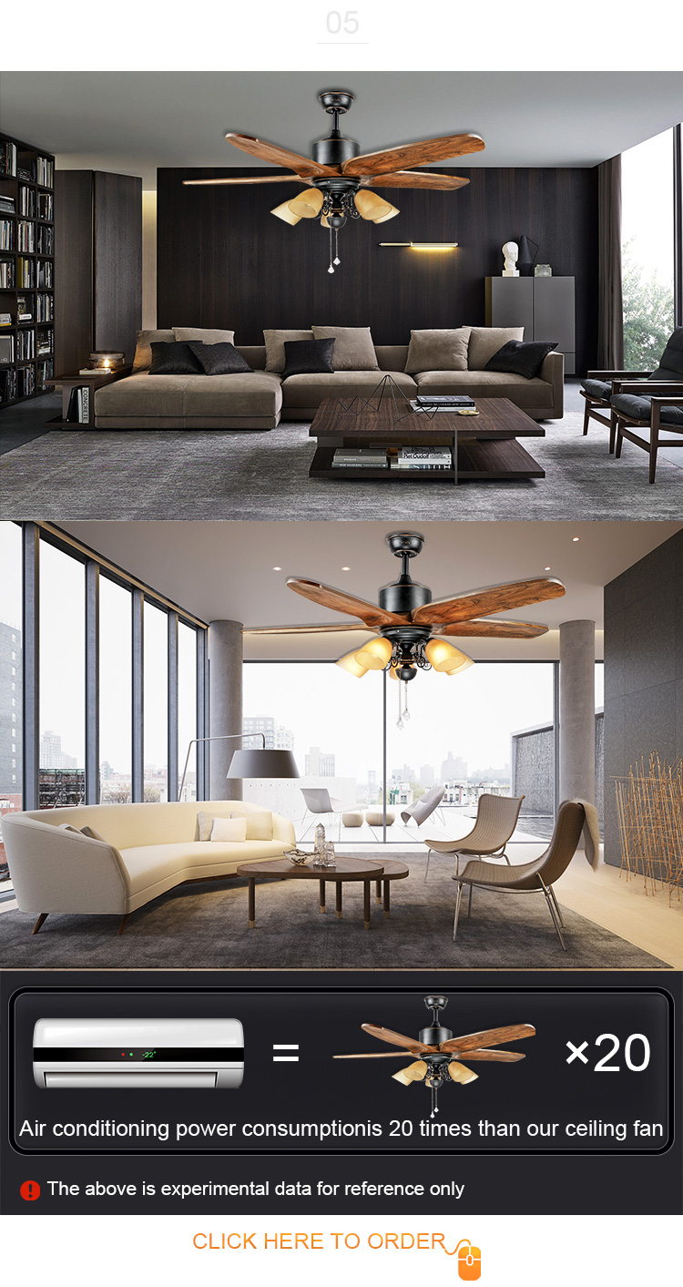 Support Dimmer 52 Inch Ceiling Fan with 5 Wooden Blades and Pull Chain 110-240V Input
