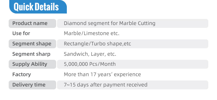 High Wear Resistance Diamond Segments for Marble Stone Cutting in Gongrete Korea Tool