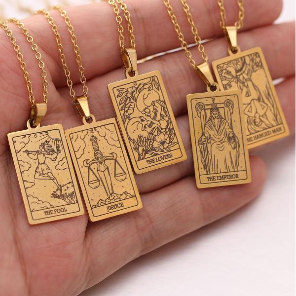 Gold Plated Vintage Square Stainless Steel Tarot Cards the Sun Pendant Necklace