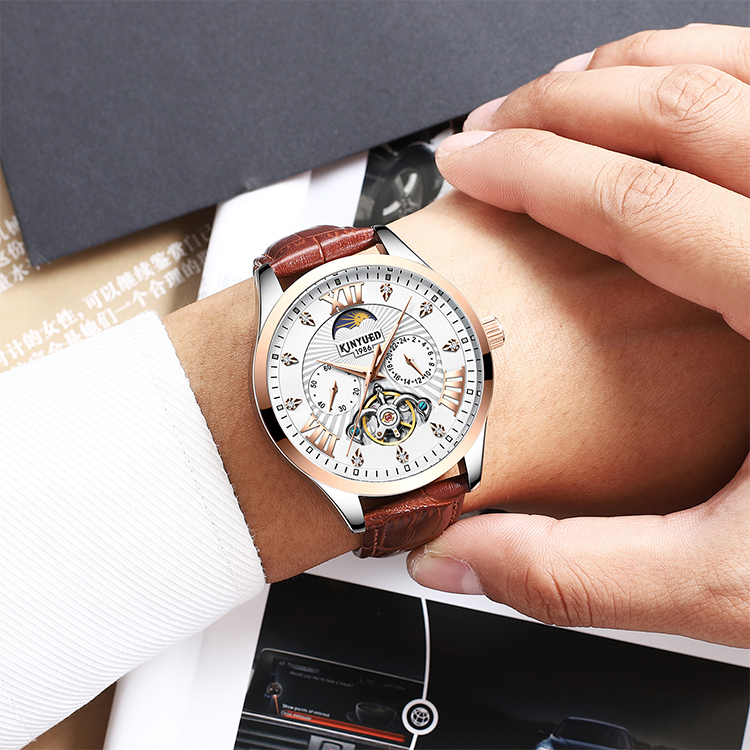 Fashion brand KINYUED mens watch tourbillon movement moon phase mechanical automatic watch luxury