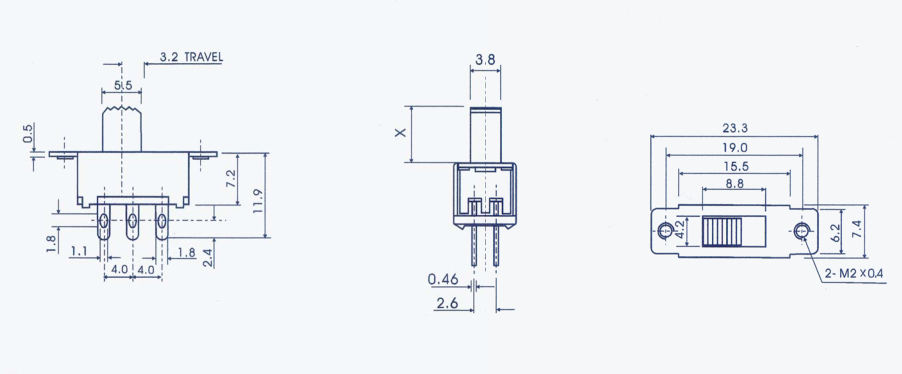 DC50V 0.5A 2P2T Miniature Right Angle Slide Switch