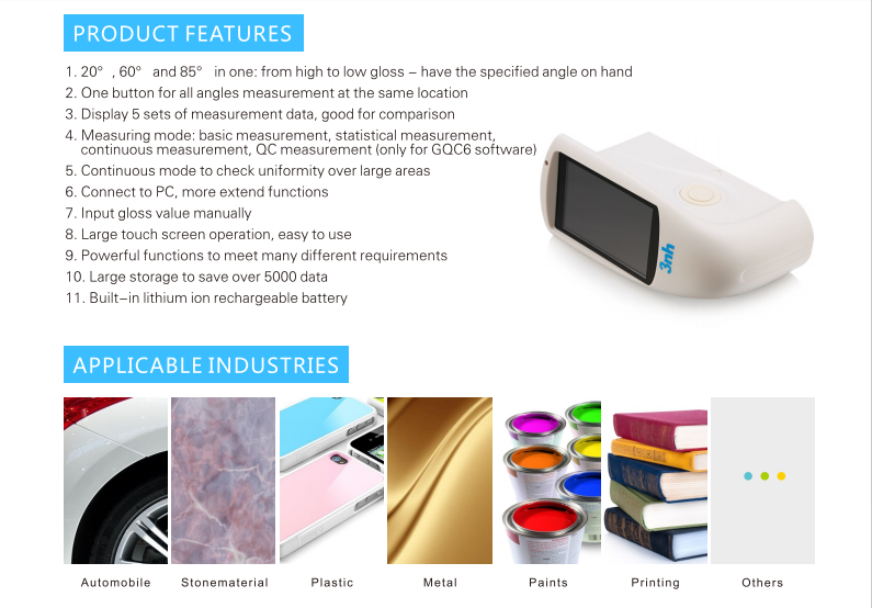 3nh NHG268 Tri-angle Gloss Meter 20/60/85Degree Test forPlastic / Metal Product Surface Brightness with touch screen