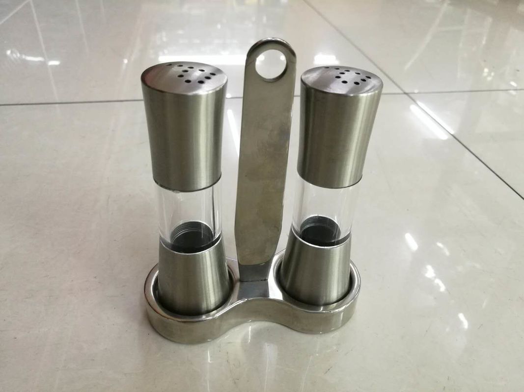 Stainless Steel Salt And Pepper Shaker And Mill , Commercial Buffet Supplies 2 Pieces Flavour Bottles Set With Handle