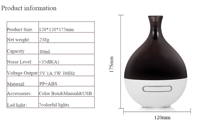 PP ABS 3MHz 5W Ultrasonic Aroma Humidifier 0.02gallon/day