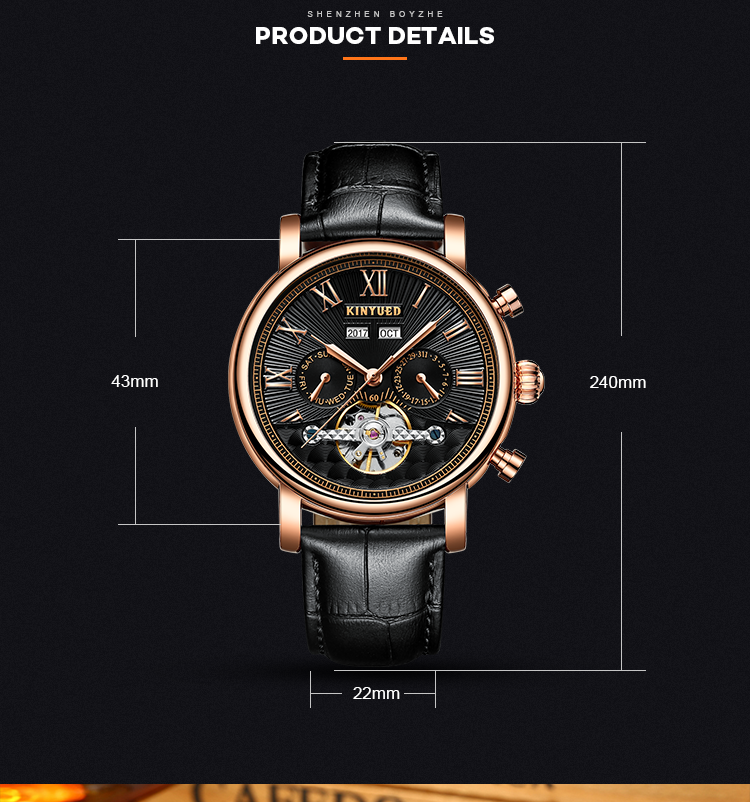 J022-2 Fashion Black Strap Silver Cover Hollow Out Case Back With Complete Calendar Mens Automatic Mechanical Watch