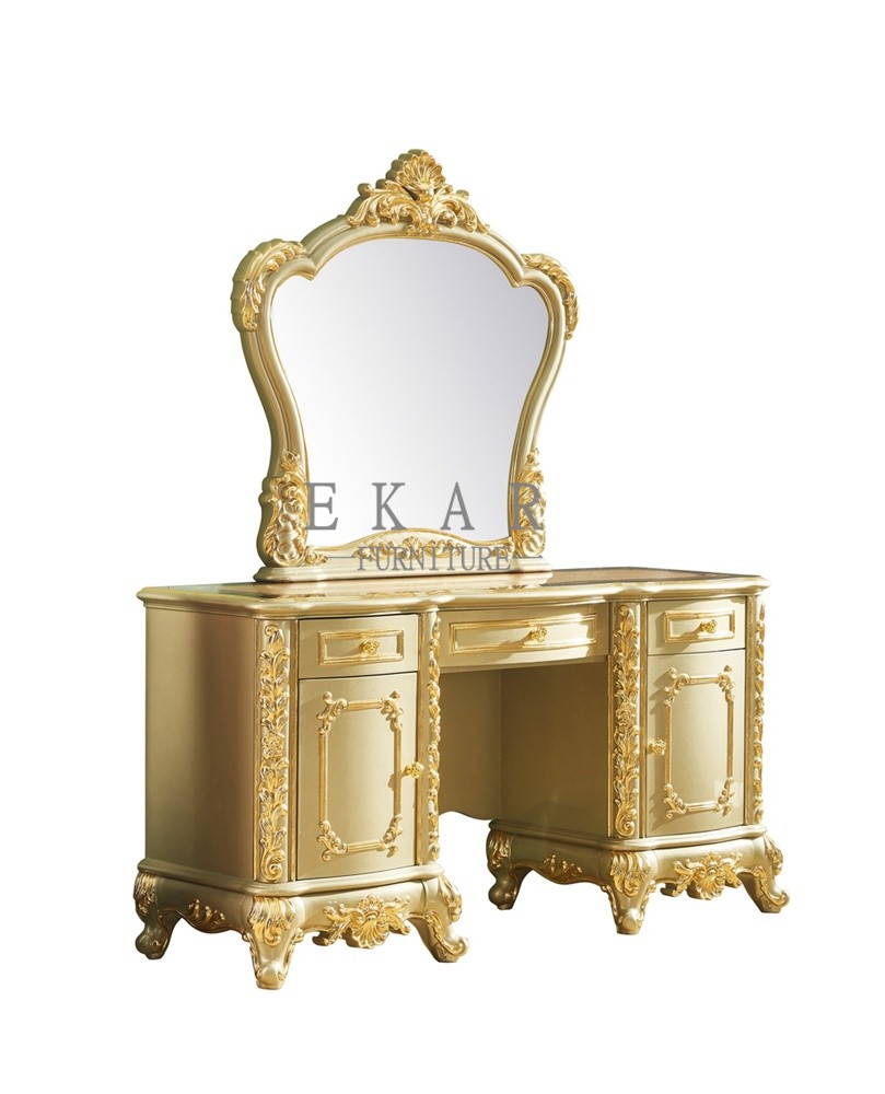 Makeup Wooden Carving Golden Dressing Table Dresser With Mirror LF-777