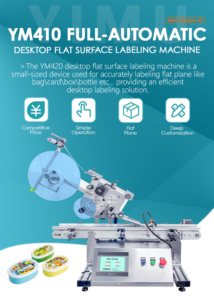 YM410 2024 Automatic Manufacturing Packaging Machine for Flat Top Side Sticker Labeling
