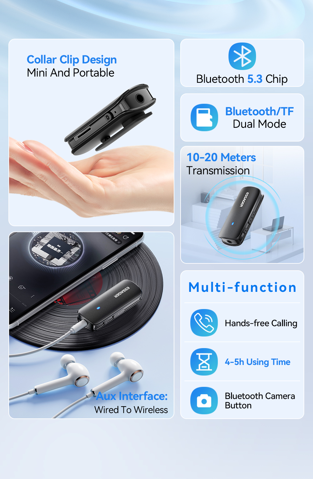 ESSAGER ES-BT09 Series Female Aux To Bluetooth Adapter 3.5mm 110mAh