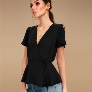 China Modesty V Neck Fashion Black Women Top With Plunging Neckline wholesale