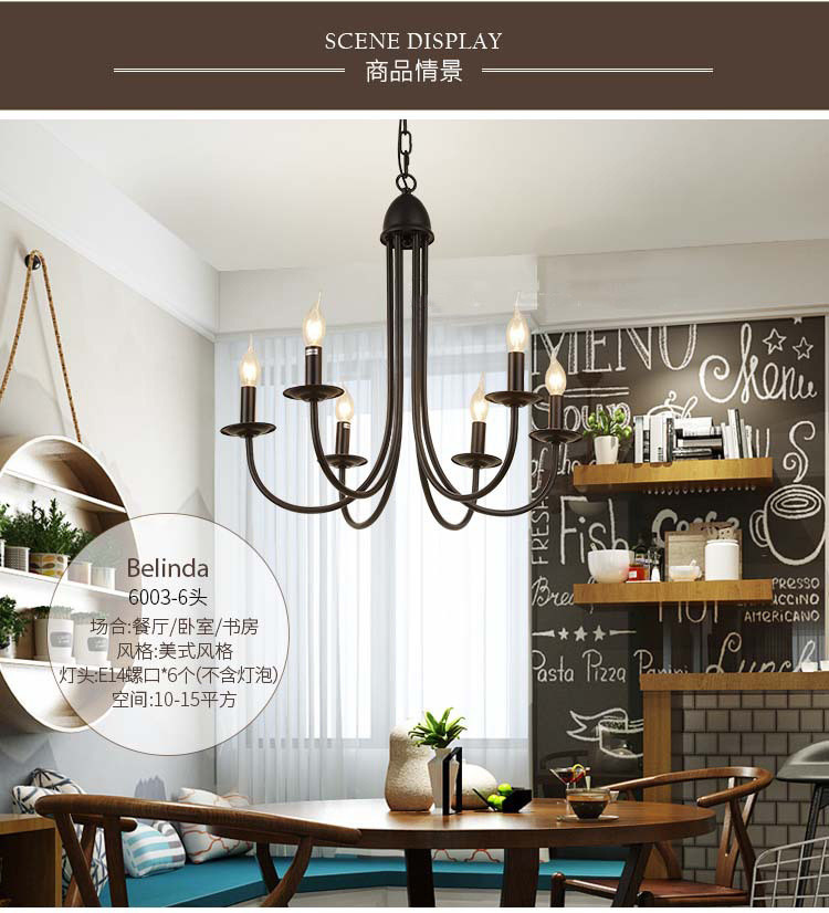 American Chandelier Iron Art E14 Candle Living Room Lamp Simple Restaurant Lamp(WH-CI-151)