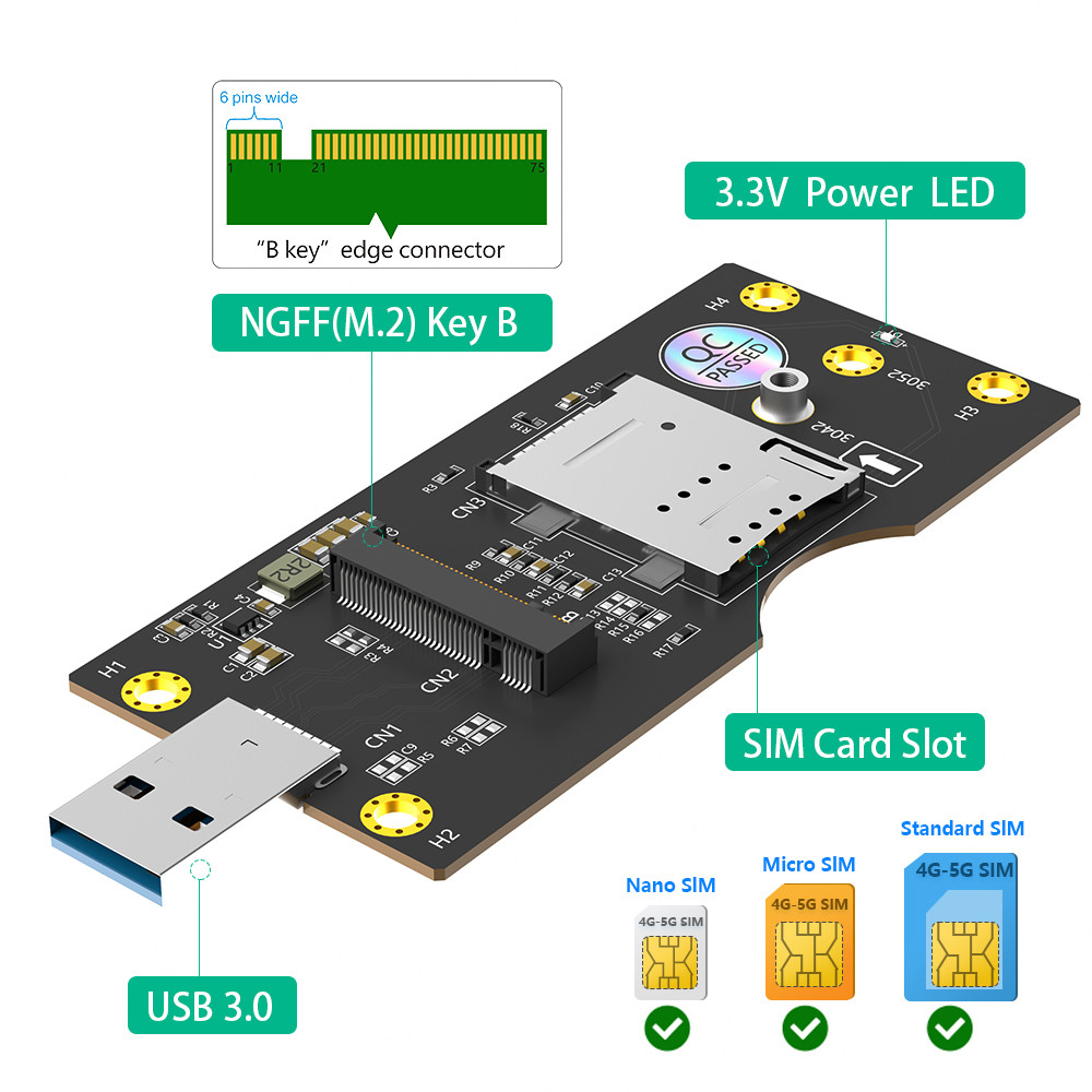 USB 3.0 Type-A Connector To M.2 NGFF Key-B Wireless Adapter Card 1 Standard SIM Slot For 5G 4G LTE WWAN GSM Modem Module