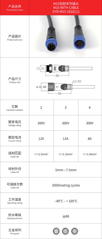 LED Lighting Outdoor M15 Waterproof Connector IP67 2 Pin 3pin 4 Pin 5 Pin Din Female Connector