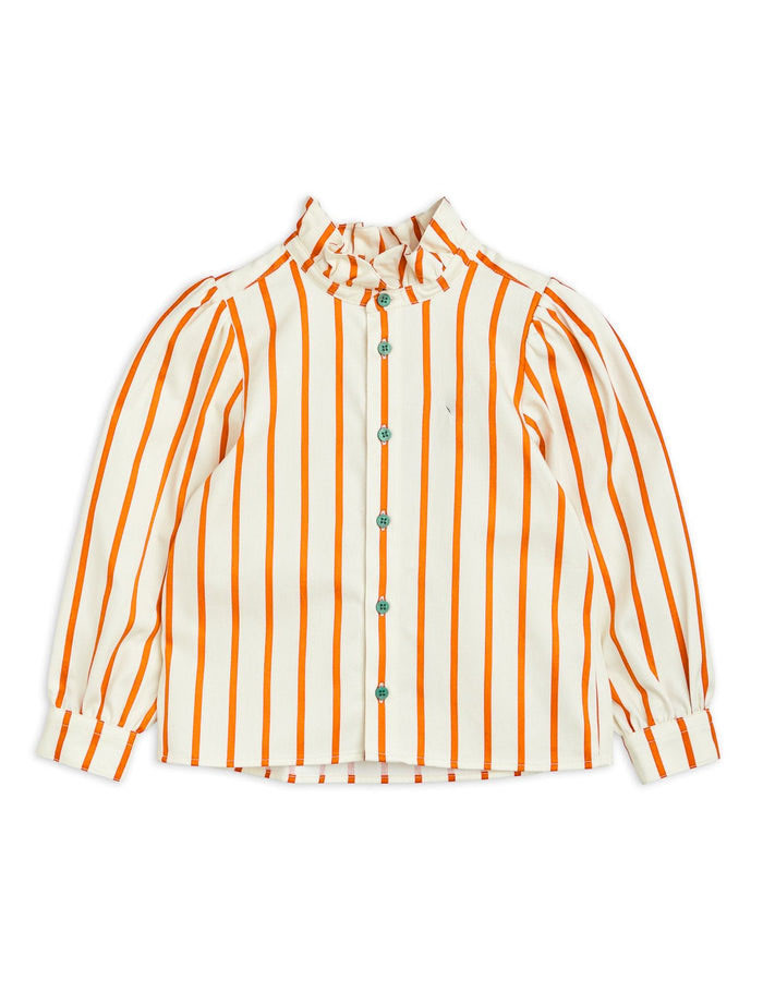 Christmas Girls Cotton Striped Woven Ruffle Neck Blouse with Contrast Button
