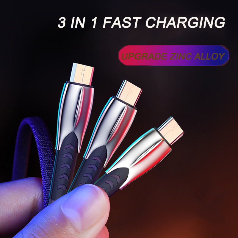 Zinc Alloy 3A Fast Charging Cable 3 In 1 USB 2.0 Transfer Data