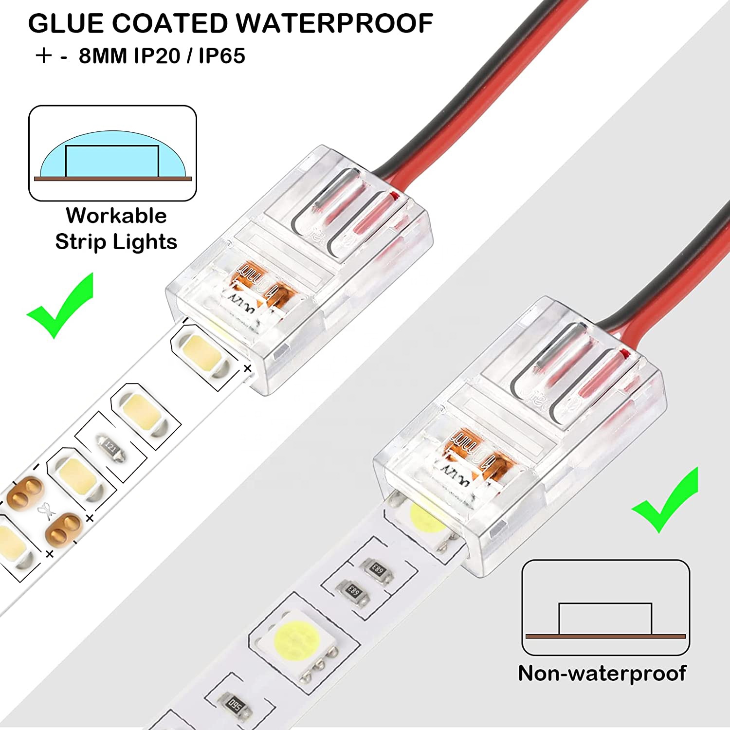 Waterproof IP20 COB LED Strip Connectors for 8mm 10mm Strip to Strip Plastic L-Shaped