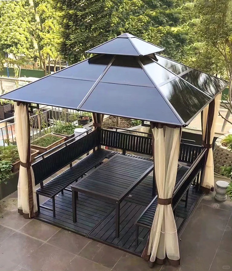 Outdoor Metal Hardtop Patio Gazebo Privacy Curtain And Mosquito Netting