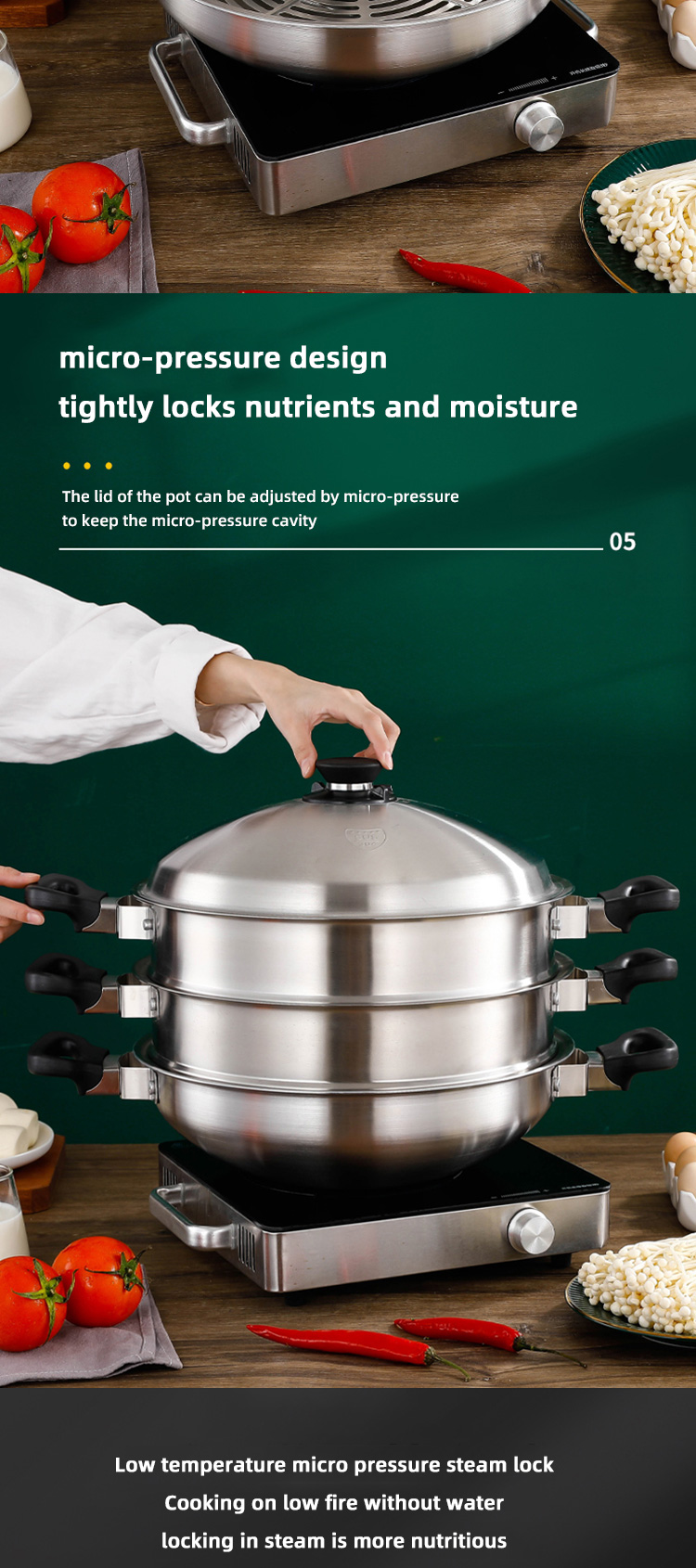 3 Layer Stackable Steamer Pot 304 Stainless Steel With Lid
