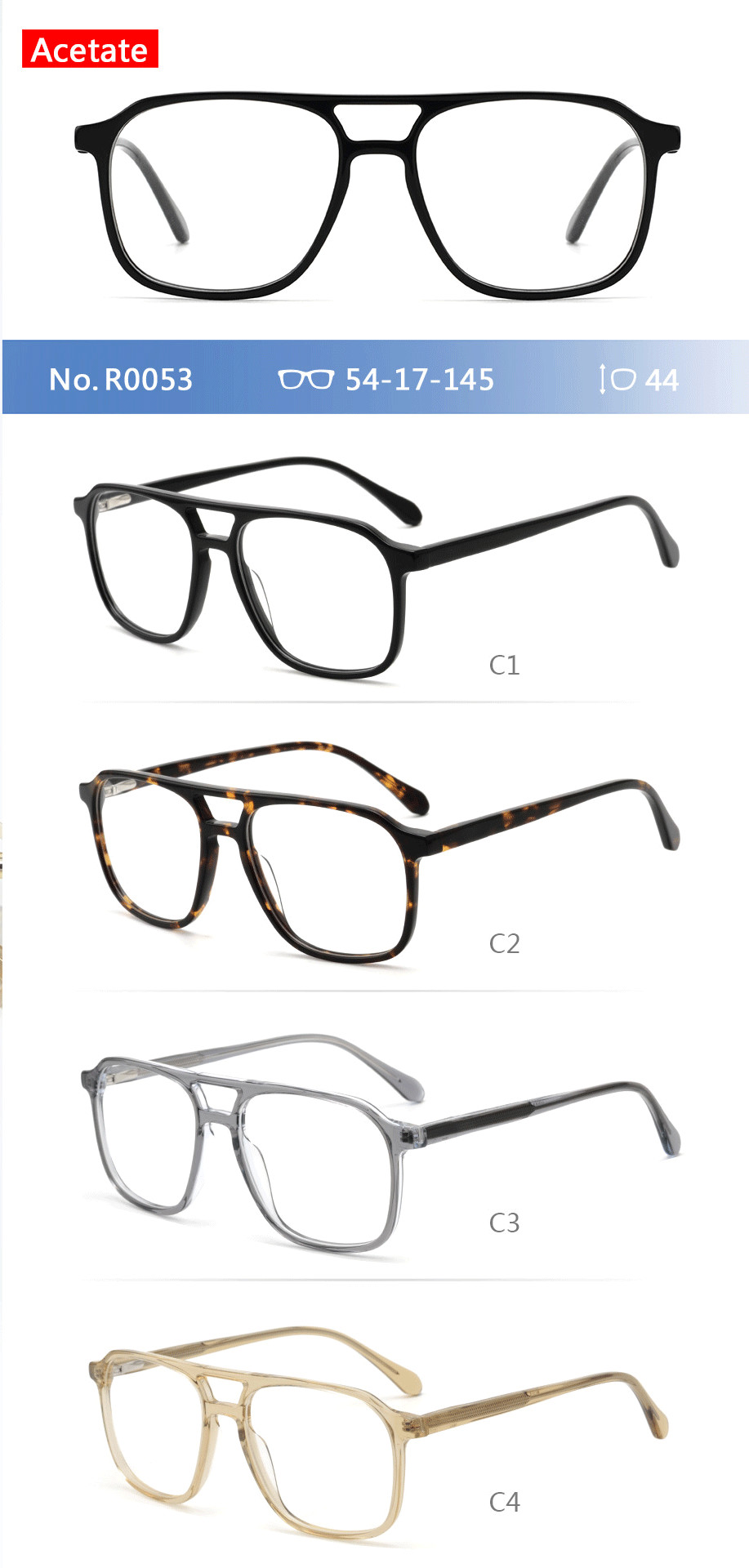 4 Colors Acetate Frame Optical Glasses Large Square Non Prescription