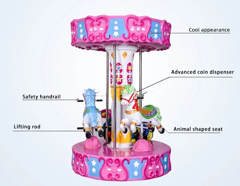 250W FRP+steel Coin Operated Carousel Ride Amusement Park Horse Carousel Kiddie Ride