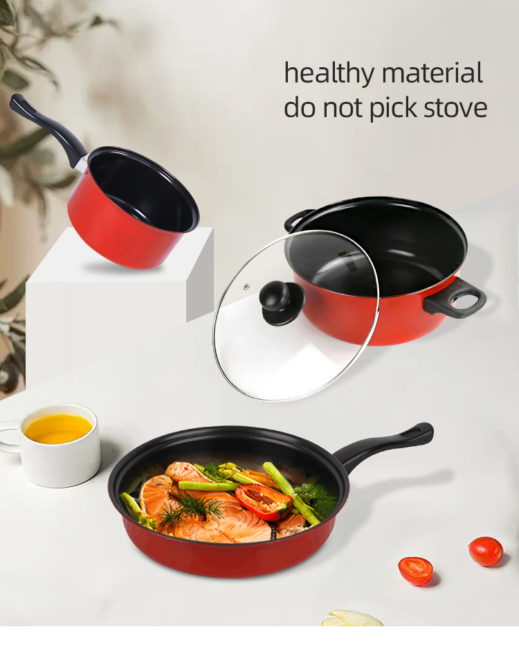 Multifunction Red 4 Pcs Kitchen Cast Iron Cookware Set Non Stick With Bakelite Handle