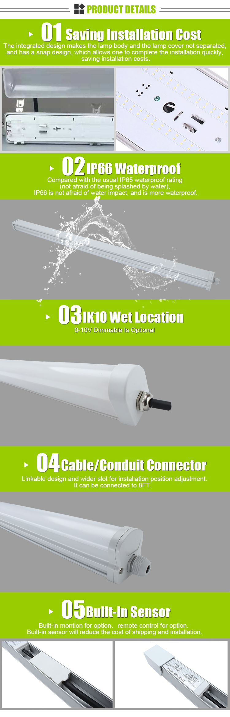High Wattage Led Vapor Tight Light 100W 150W IK10 IP67 Driver 347V option for Warehouse