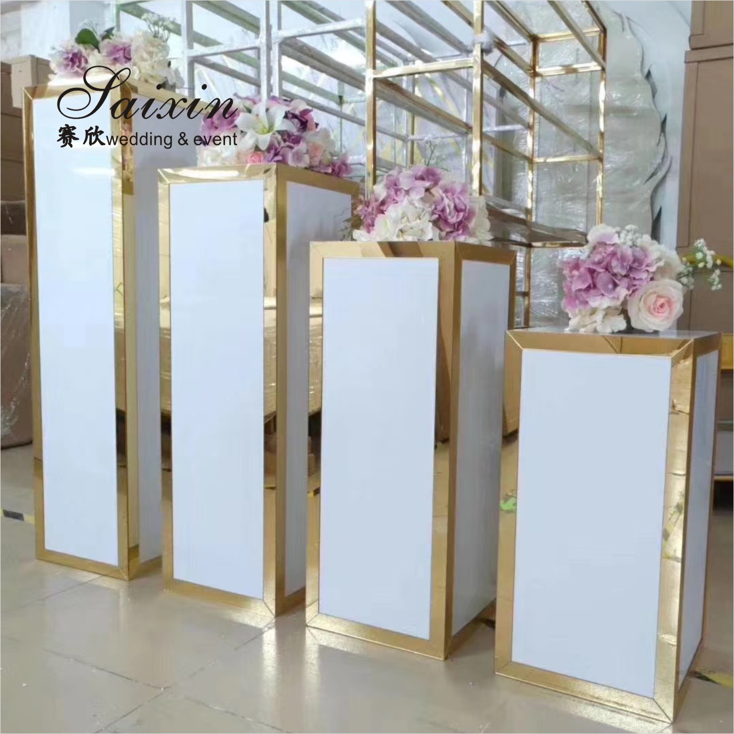 Factory wholesale square gold side white acrylic pedestal columns for wedding event