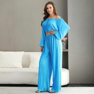 China Polyester Women's Two Piece Jumpsuit Ruched Lantern Sleeve wholesale